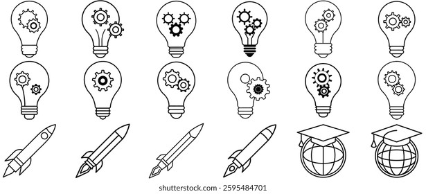 The image showcases a series of minimalist line drawings.  Lightbulbs containing gears represent innovative thinking and problem-solving, while rockets symbolize progress and achieving goals. The simp