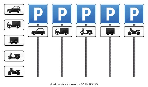 The image showcases a series of parking signs, each designating parking for different vehicle types: passenger cars, trucks, trailers, and motorcycles, all against a white background.
