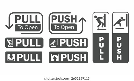 A imagem mostra um conjunto de sinais de porta preto e branco com instruções para abrir portas, apresentando as palavras Pull and Push com setas e figuras correspondentes.
