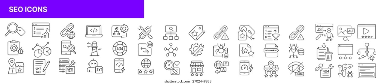 The image showcases a set of SEO-related line icons, representing concepts like search, analytics, optimization, marketing, and web development.