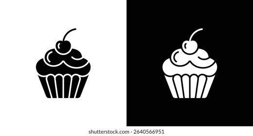 Image showcases a simple cupcake icon in two contrasting black and white color schemes. The cupcake is topped with frosting and a cherry. A minimalist graphic design element.
