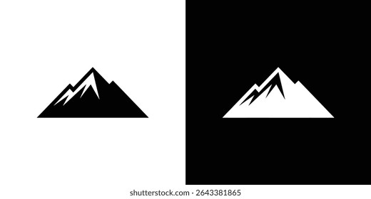 The image showcases a simple, minimalist mountain range design. One silhouette is white against a black background, while the other is the inverse, promoting outdoor themes.