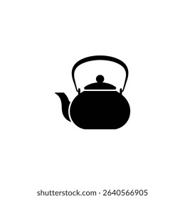 Image showcases a simplified black silhouette of a teapot featuring a rounded body, curved handle, spout, and lid with a round knob, set against white backdrop.
