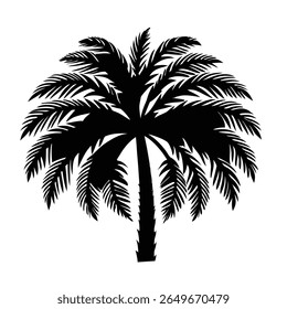 The image showcases a sleek black silhouette of a palm tree, set against a plain white background. This version features a tall, straight trunk with a dense, feathery crown of leaves that fan out 
