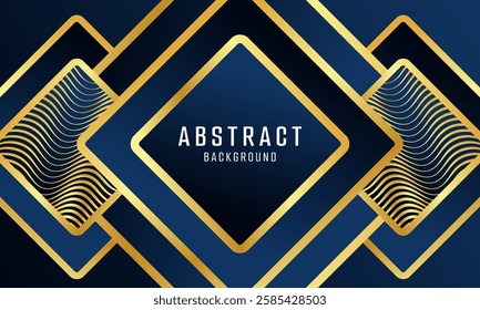 The image showcases a sophisticated abstract design featuring overlapping navy blue and gold geometric shapes with wavy line patterns.