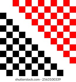 The image showcases a striking abstract design featuring two contrasting checkered patterns One half displays black and white squares the other half red and white squares.