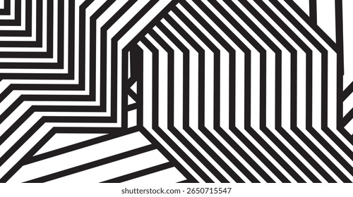 The image showcases a striking black and white abstract composition featuring dynamic linear patterns, creating a bold and mesmerizing visual effect with strong geometric forms