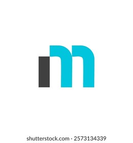 The image showcases a stylized letter "M" formed by overlapping geometric shapes. The design combines a dark gray and a light blue, creating a sense of depth and dimension.