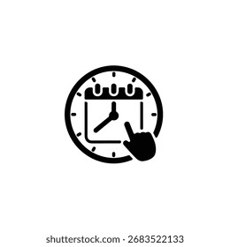 The image showcases a stylized, solid black calendar icon with a clock face showing approximately 355 PM, rendered against a clean white background in a minimalist style.
