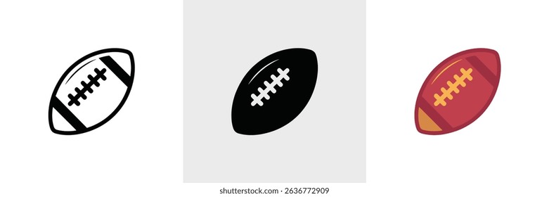 Image showcases three distinct football icons an outlined version, a solid black silhouette, and a maroon football with tan detailing on a white background.
