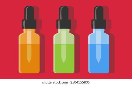 The image showcases three essential oil dropper bottles against a vibrant red background