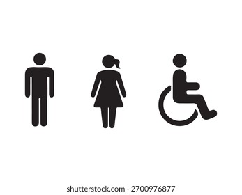 A imagem mostra três placas estilizadas de banheiro, um homem, uma mulher e uma pessoa em uma cadeira de rodas, todas apresentadas em preto sólido contra um pano de fundo plano.