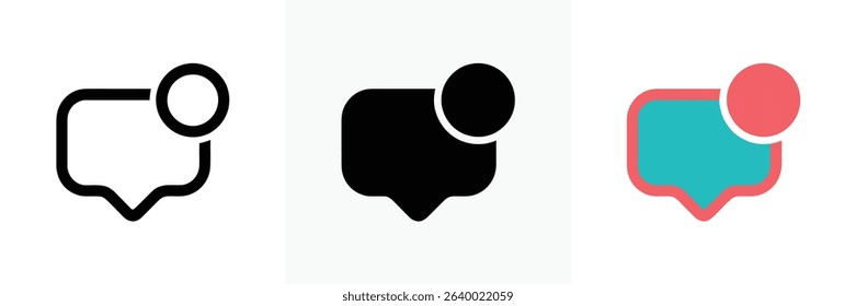 The image showcases three variations of a notification bubble icon. The first is a black outline, the second is filled black, and the third features color.