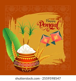 The image showcases a traditional Pongal pot with boiling milk and rice sugarcane banana leaves wheat stalks colorful kites and Happy Pongal text celebrating the festival's joy






