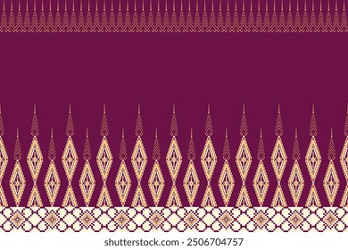 The image showcases a traditional Thai textile pattern, often associated with ceremonial or cultural attire. The dominant color is a rich, royal purple, which symbolizes nobility and spiritual richnes