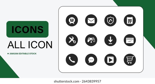 The image showcases twelve distinct black and white vector icons, each representing different functions or concepts, set against a clean white background.