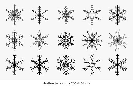 The image showcases twelve distinct hand drawn snowflake illustrations in black against a white background.