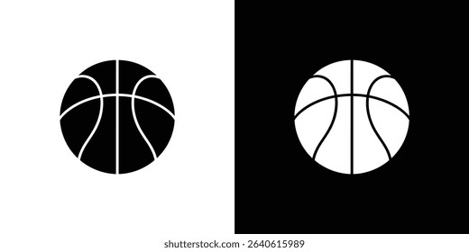 Image showcases two basketball icons. One presents a black basketball silhouette on a white backdrop, while the other displays a white basketball on black background.