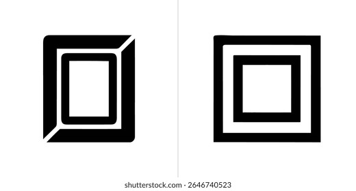 A imagem mostra dois desenhos de quadrados pretos sobre fundos brancos. Um apresenta cantos arredondados com uma aparência estilizada e dimensional, enquanto o outro utiliza ângulos nítidos e limpos.