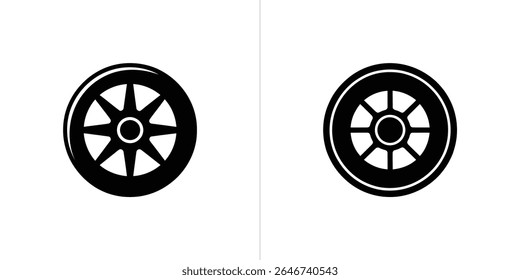 A imagem mostra duas rodas circulares simétricas, pretas, com raios radiais visíveis centrados em um fundo branco, oferecendo um design de formas contrastantes.