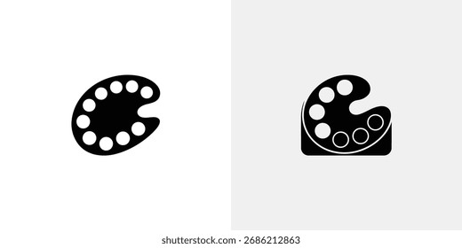 The image showcases two black and white vector icons of paint palettes, one a simple rounded form, and the other a more detailed stylized version.