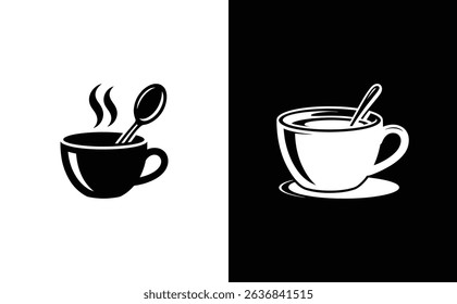 Image showcases two coffee cup icons—one black on white, the other white on black. Each cup contains a spoon and depicts a simple, stylized design.