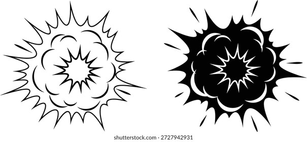 A imagem mostra duas explosões em estilo cômico, uma com um contorno preto sobre um fundo branco, e a outra um preenchimento preto sólido, ambos colocados contra o branco.
