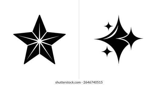 The image showcases two distinct black star graphics. The left star is geometric with internal divisions, while the right features a sparkling, stylized design on white backgrounds.