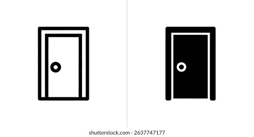 Image showcases two door icons, one white outline on the left and one solid black silhouette on the right, against a contrasting split white background.
