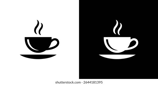 Image showcases two inverted coffee cup icons. One features a black coffee cup with steam on a white background, and the other displays a white cup on black.