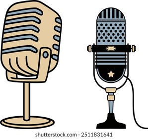 The image showcases two microphones side by side, highlighting the contrast between vintage and modern audio equipment. On the left, a vintage-style microphone features a large ribbed