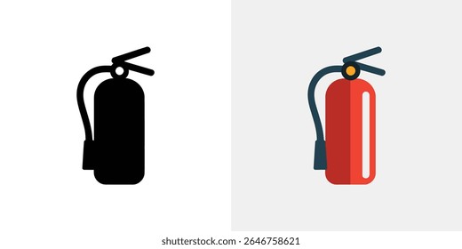 A imagem mostra duas representações de um extintor de incêndio, um em silhueta preta e outro em cores. Ambos ilustram equipamentos essenciais de segurança contra incêndios.