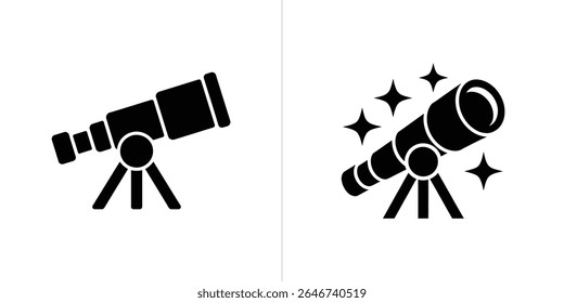 A imagem mostra dois gráficos lado a lado em preto-e-branco de telescópios em suportes, um sem elementos de design adicionais e o outro rodeado por formas de estrelas.