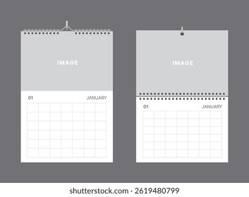 The image showcases two spiral-bound wall calendar mockups for January, featuring a clean grid design and hanging hooks. Ideal for presenting minimalist or professional calendar layouts.