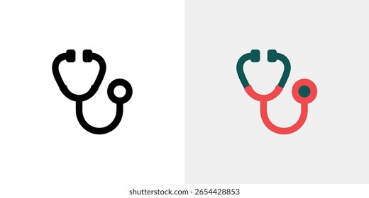 Das Bild zeigt zwei Stethoskop-Symbole auf grauem Hintergrund, eine schwarze, umrissene Version und eine bunte mit grünen und roten Akzenten, die medizinische Konzepte vermitteln.