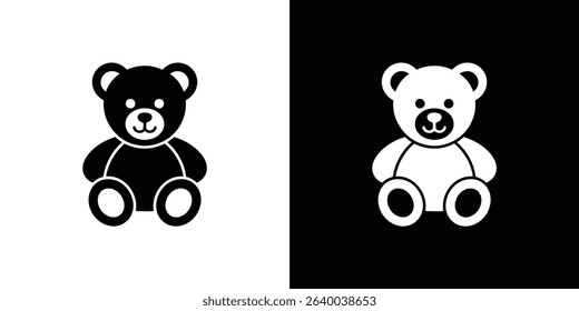 Image showcases two teddy bear icons, one in black on a white background, the other in white on a black background, ideal for various design applications.