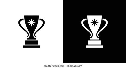 Image showcases two trophy illustrations, one black on white, the other white on black, each adorned with an eight-pointed star symbol, signifying success and triumph.