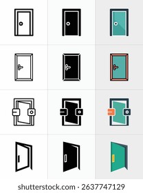 Image showcases various door icons in vector format, featuring closed and open doors, along with different handle styles, presented against a plain white background.