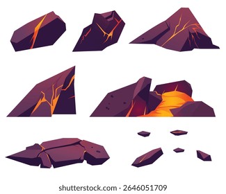 A imagem mostra várias formações rochosas vulcânicas, algumas com rachaduras de lava brilhantes. Esses elementos geológicos evocam uma sensação de poder bruto e processos naturais.
