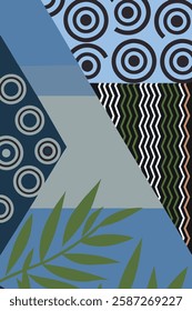 The image showcases a vibrant abstract design featuring geometric shapes, tropical leaves, and a mix of cool and warm colors.