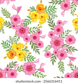 The image showcases a vibrant floral pattern featuring pink daisies and yellow roses, complemented by green leaves. The design is symmetrical, colorful, and decorative. Vector seamless pattern design.