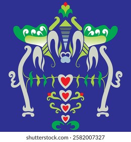 The image showcases a vibrant, symmetrical design on a deep blue background. At the center, two stylized green figures with elegant curves are framed by intricate detailing. They appear to be holding 