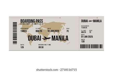 Imagem mostrando o cartão de embarque para um voo partindo de Dubai para Manila, com informações detalhadas sobre o voo.