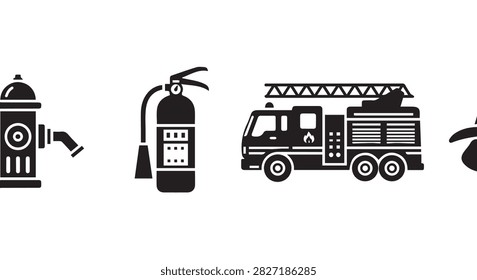 Image showcasing firefighting tools, fire extinguisher, fire truck, and emergency response equipment used in fire safety and rescue operations.