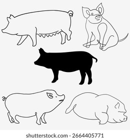 Ein Bild, das fünf verschiedene Zeichnungen von Schweinen zeigt, darunter verschiedene Umrisse und eine solide schwarze Silhouette, alle in verschiedenen Posen.