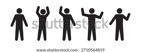 Image showcasing five distinct black stick figure silhouettes, each exhibiting different hand gestures, arranged in a row against a crisp white backdrop, conveying variety.