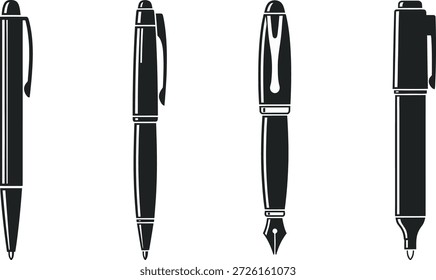 An image showcasing four black ballpoint pens with metal accents from various angles.