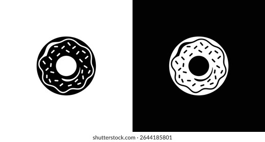 Image showcasing two donut icons. One is black on a white background, while the other is white on a black background. Both are decorated with sprinkles.