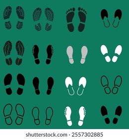 Image showcasing various footprint silhouettes in diverse styles and colors against a green background. Ideal for design concepts and symbolic representations of walking or movement.