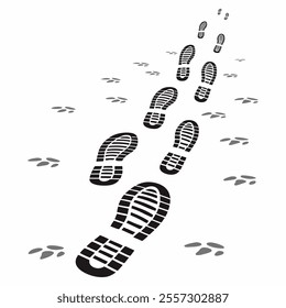 Image showcasing various footprint silhouettes in diverse styles and colors against a green background. Ideal for design concepts and symbolic representations of walking or movement.